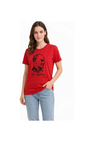 Tarzyeri Kadın Atatürk Baskılı Tişört Kısa Kollu Bisiklet Yaka T-shirt - Kırmızı Çok Renkli