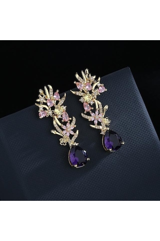 100 % Gerçek 14 K Altın Ametist Damla Küpe Kadınlar Için Aros Mujer Oreja Doğal Mor Ametist Taş Orecchini Küpe Dişiler