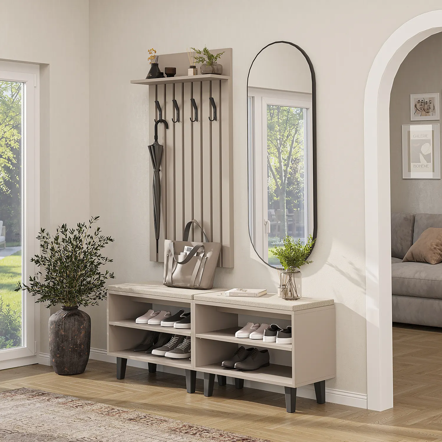 Nord Vestiyer Takımı Lambri Askılıklı, Bench, Modüler, Oval Aynalı Portmanto Takımı Kumtaşı
