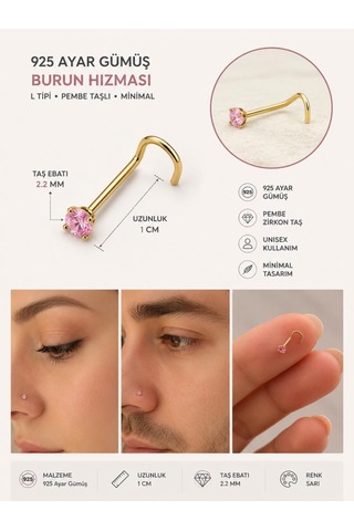 925 Ayar Gümüş Pembe Taşlı Sarı Burun Hızması L Tipi Minimal Unisex Nose Stud Piercing