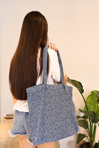 İcone Bag Desenli Yıkamalı Denim Kadın Çantası, Geniş Hacimli, Desenli El Ve Omuz Bez Çanta Shopper Mavi