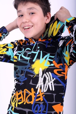 Fyk Kids Kapüşonlu Desenli Unisex Sweatshirt 2 İplik Siyah