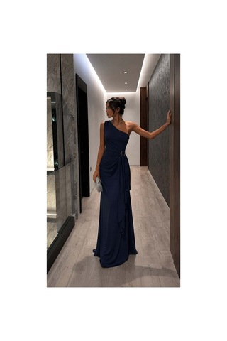 DefyModa Kadın Modern Stil Tek Omuz Kemerli Maxi Abiye Elbise Lacivert