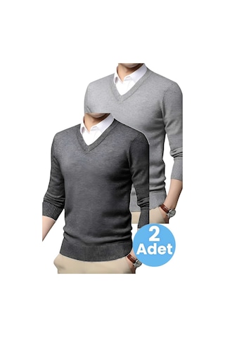 Tezzgelsin 2'li Erkek V Yaka Uzun Kol Triko Tüylenmez Süveter Erkek Slim Fit Süveter Füme - Gri