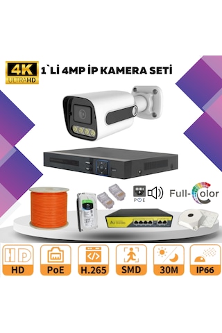 1'li Güvenlik Ip Kamera Seti - 4mp Dış Mekan Kamera, 3.6mm Lens,