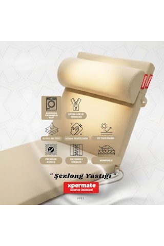 Xpermate Şezlong Yastığı Rulo Yastık Dış Mekan Havuz Plaj Bahçe Sünger Dolgulu 60x22x10 Cm Krem Açık Bej