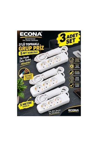 3 Adet-3 Soketli Topraklı Grup Priz 5 Metre Kablolu - 3 Adet Çoklu Priz Seti 3x1 Mm² Esnek Yumuşak Ttr Kablo Beyaz Çoklu Priz Uzatma Kablosu 0