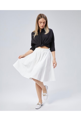 Nurören Flamlı Keten Midi Boy Kloş Etek-beyaz-01 Beyaz