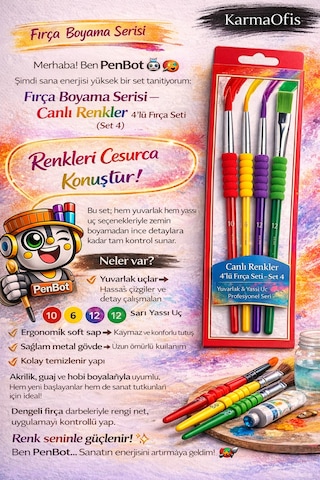 Canlı Renkler 4 Lü Fırça Seti Set 4 10-2-6-12 Numara Akrilik Guaj Hobi Boya Fırçası