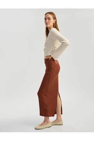 Koton Yüksek Bel Slim Fit Yırtmaç Detaylı Astarlı Midi Kalem Etek Kahverengi 5sal70006ık Kahve