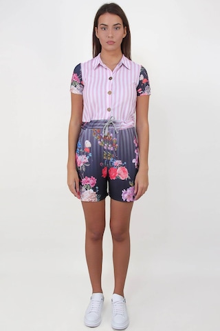 Alexandergardı Çiçek Desenli Gömlek Yaka Tulum B19-1510 Mor