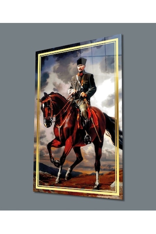 Es10 Es10 SN Gold Şerit At Üzerinde Atatürk Cam Tablo, Uv Baskılı ve Temperli, Hediyelik