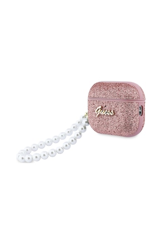 Apple Airpods Pro 3 Uyumlu Kılıf Guess Lisanslı Glitter Yazı Logolu İnci Tasarım Bilek Askılı Pembe