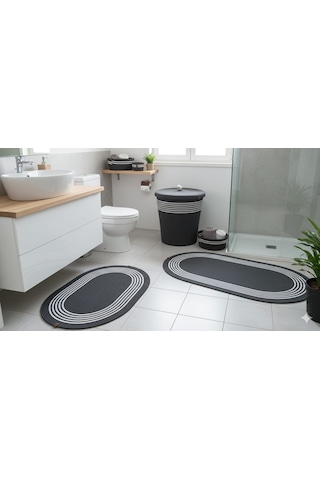 Banyo Takımı 6 Parça: Kirli Sepeti, Paspas, Organizer Sepet, Polip-tress Malzeme Antrasit - Beyaz