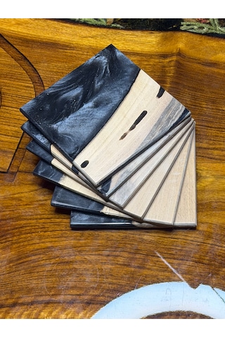 Ceviz & Siyah Epoksi Bardak Altlığı Seti 6 Lı, El Yapımı Ceviz Ahşap, 12x12 Cm, Modern & Şık Tasarım Siyah