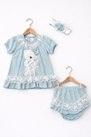 Kardeşler Bebe Dantelli Ayıcıklı Kız Bebek Elbise Takım Saç Bantlı 3 Lü Set Turkuaz
