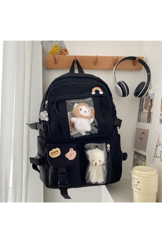 Yifomall Siyah Nilon Çift Omuz Çantası - 2 Figür + 4 Rastgele Badge, Çoklu Cepli, Şeffaf Pencere, Ayarlanabilir Askılar, Öğrencilere Ve Sevimli Stilleri Severlere Uygun Siyah