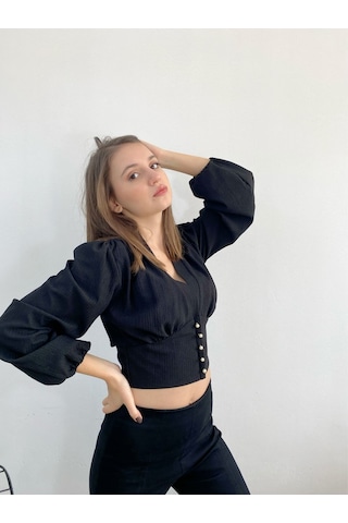 Mois Atelier Siyah Crop Top Bluz Gömlek, Tasarım, Hediye, Büyük Beden Siyah