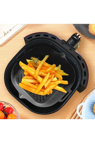 Saplı Silikon Tencere, 8.6 İnç Yeniden Kullanılabilir Hava Fritöz Kaplamaları, Siyah Siyah