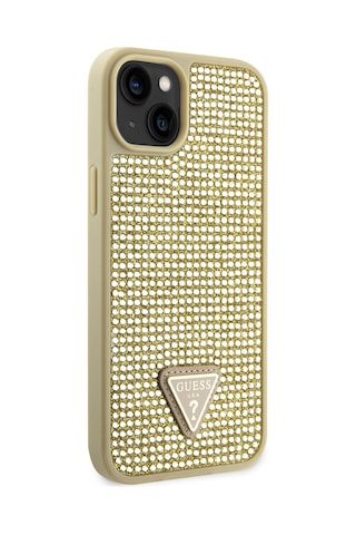 Apple Uyumlu iPhone 15 Kılıf Guess Lisanslı Taşlı Arka Yüzey Üçgen Logolu Kapak Gold