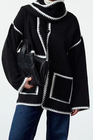 Ersefa Kadın Modern Tarz Oversize Bisiklet Yaka Midi Triko Hırka Siyah