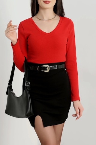 V Yaka Kaşkorse Bluz Kırmızı A3699 Kırmızı