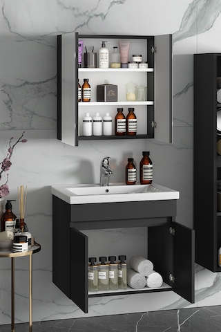Çiğdem 65 Cm Antrasit Gri Mdf Lavabolu Asma Banyo Dolabı Takımı Antrasit - Gri