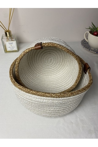 Beyaz Jüt 2li Yuvarlak Sepet Beyaz