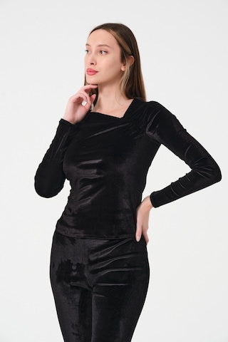Mois Atelier Siyah Kadife Büzgülü Bluz Tasarım Büyük Beden Bayramlık