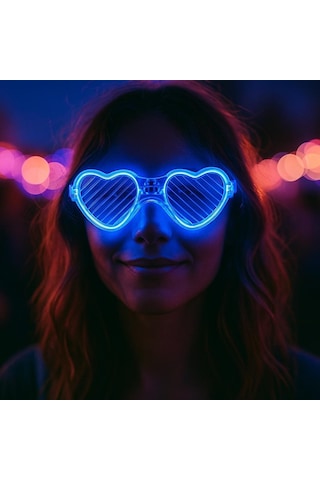 Mavi Led Işıklı Kalp Gözlük 3 Modlu Parti - Glow Gözlüğü 0 - 99