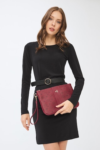 Deri Company Kadın Basic Clutch Çanta Monogram Desenli Şeritli Logolu Bordo 214002 Bordo - Siyah