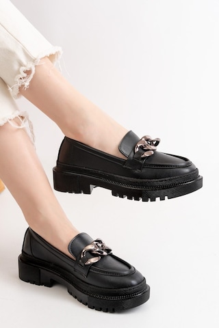 Asmi Shoes Kadın Somo Siyah Cilt Kalın Tokalı Loafer Ayakkabı Siyah Siyah
