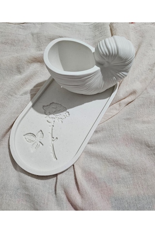 El Yapımı Salyangoz Saksı & Gül Dekorlu Tabak Seti Doğal Ve Zarif Dekoratif Set Beyaz