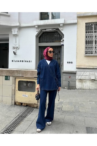 Molly Nelly Kadın Lacivert Kot Pantolon Bağcık Detaylı Bluz Takım Lacivert