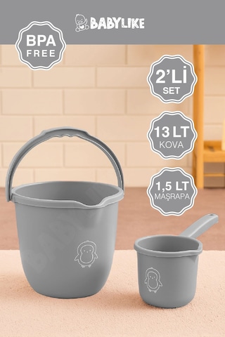 Çocuklar İçin 2'li Banyo Seti- Kulplu Kova & Oluklu Maşrapa Gri Gri