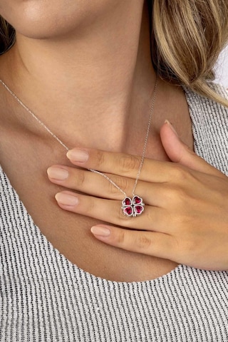 Gümüş Pazarım Açılır Kapanır 2 Kullanımlı Kırmızı Taşlı Yonca Kalp Kadın Gümüş Kolye Altın - Gümüş