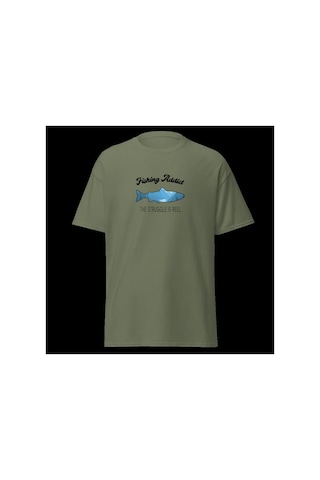 Wildstyle Fishing Addict Struggle Is Reel Balıkçılık Esprili Baskılı Unisex Bisiklet Yaka Pamuklu Tişört Haki
