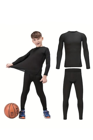 Kız Erkek Çocuk Pamuklu Kışlık Termal İçlik Tayt Uzun Kollu Alt Üst Takım 2 Adet Siyah