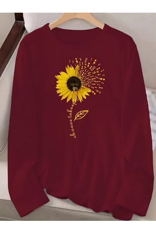 Leyla Sanat Sanata Yeni Bir Bakış Açısı Kadın Uzun Kollu Bisiklet Yaka Ayçiçeği Desenli Viskon Bluz Bordo