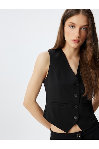 Koton Blazer Ceket Düğmeli V Yaka Slim Fit Krep Scuba Kumaş Siyah 5wak10173ek Siyah
