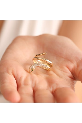 14 Ayar Altın Yılan Yüzük Emerald T11138 Renkli