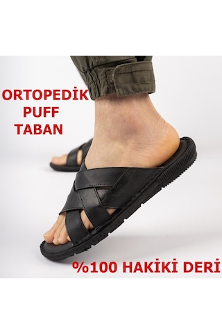 Ispartalılar 034 Tam Ortopedik Taban Günlük Hakiki Deri Erkek Terlik Deri Terlik Siyah