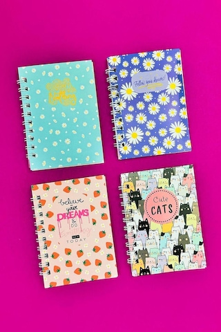 Mini 4'lü Renkli Desenli Spiralli Defter Çok Renkli