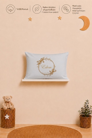 İsme Özel Kız Bebek Yastık Kılıfı 35x45 Cm %100 Pamuk Organik Baskılı İsimli Bebek Hediyesi 1054y