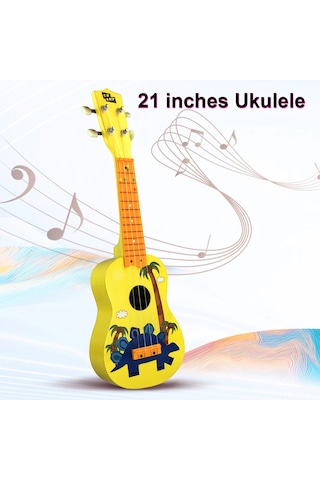 Ruicoo 21 İnç Dinazor Desenli Ukulele - Sarı 324mm Teller/12 Perde/4 Nilon Tel Ahşap Gövde Başlangıçcılar İçin Siyah Mizrap İçerir