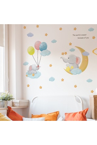 Duvar Çıkartmaları Seti, Filler, Ay, Bulutlar, Yıldızlar, Balonlar Duvar Çok Renkli