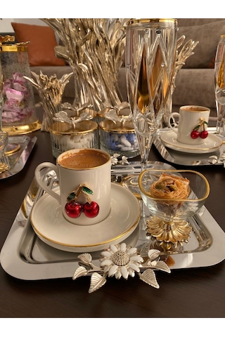 Atabey Home Collection 6'lı Kahve & Çay & Sunum Tepsisi Çelik Gümüş Tepsi Papatya Model