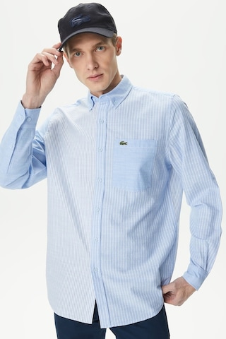 Lacoste Men's Regular Fit Button-down Collar Linen Shirt Blue Erkek Düğmeli Yaka Keten Çizgili Gömlek Mavi