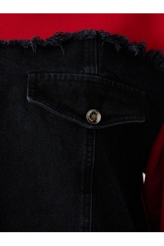 Kız Çocuk Mevsimlik Altı Denim Cepli 3 İplik Sweatshirt-14777 Kırmızı