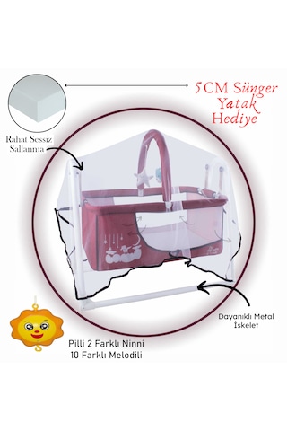 Chubby Baby Müzikli Melodi Kutulu Candy Sepet Beşik Sallanır, 2 Peluş Oyuncaklı Beşik Bordo